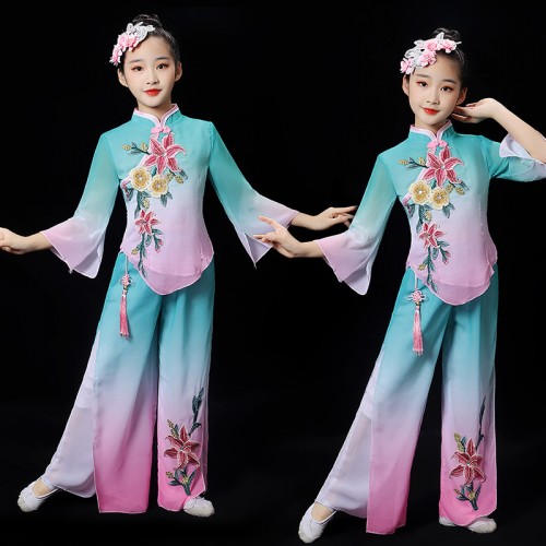 Children Girls Blue gradient Chinese folk classical dance costumes Yangko  umbrella dance fan dance dress Fairy Hanfu ethnic Chinese traditional dance costumes